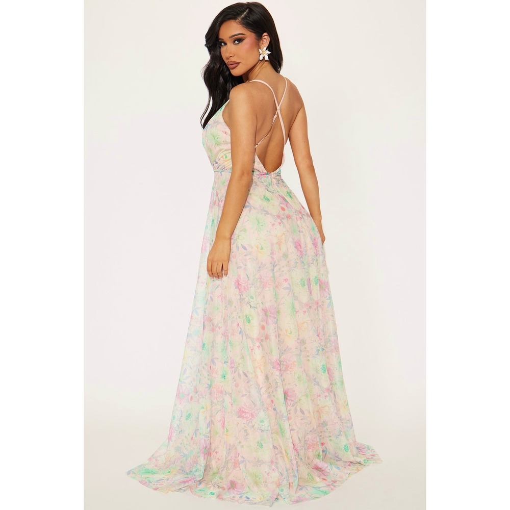 Floral Chiffon Prom Gown Maxi Flowing Pastel Print Romantic Party Gala Sold Out - Picture 2 of 3